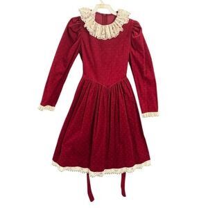 Love Vintage Red Corduroy Polka Dot Lace Collar Dress Girls Size 12